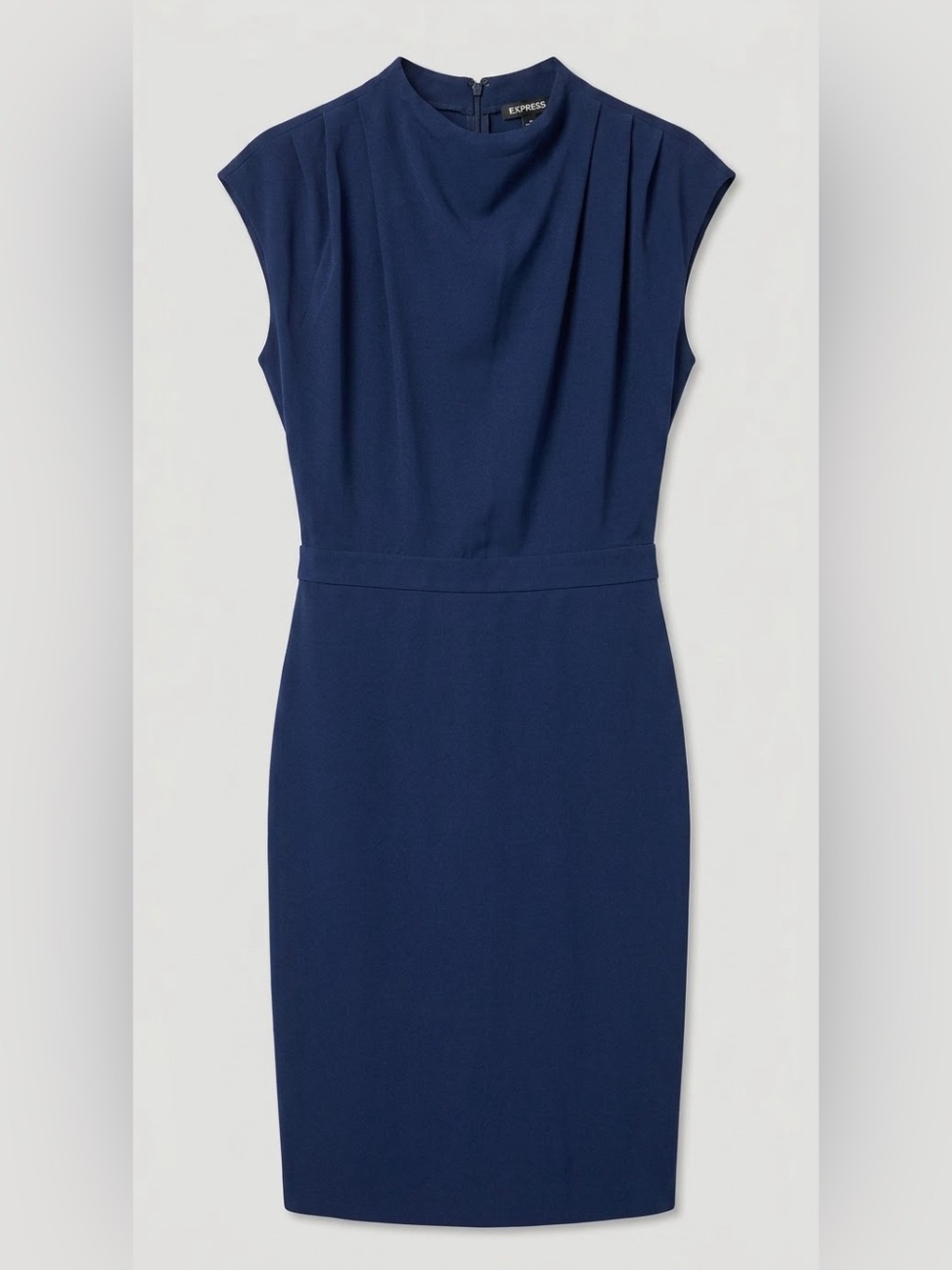 Express Navy Blue High Mock Neck Pleated Sheath Midi Dress Work Career Small